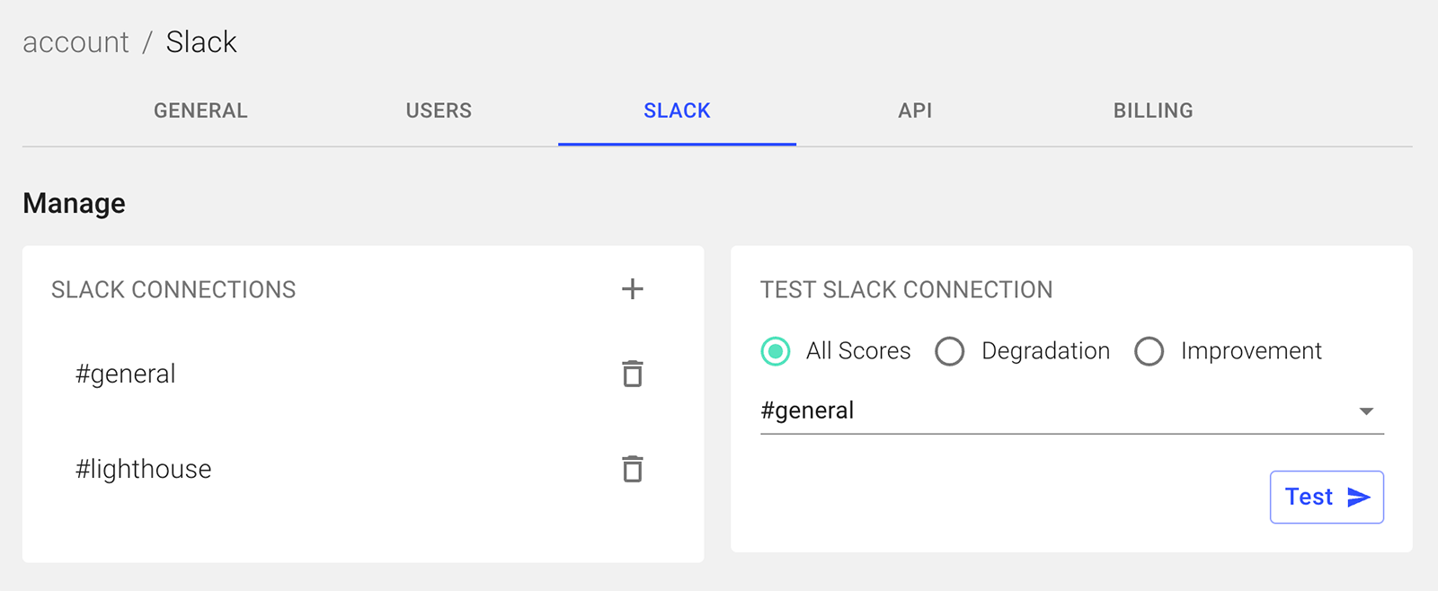 Account Slack Tab - After Adding Connection